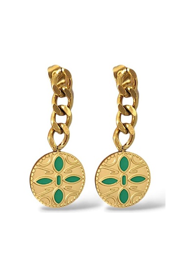 Glowy Aksesuar İşlemeli Yeşil Çiçek Motif Sallantılı Çelik Küpe Gold