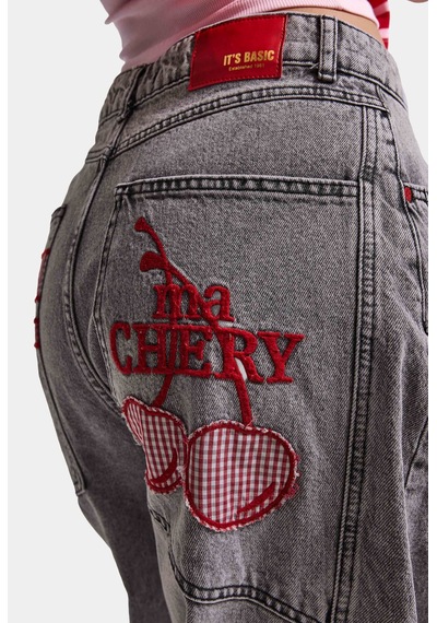 Kadın Füme 4w6-13 Mega Baggy Tt18 Chery Nakış Özel Tasarım Denim Jean