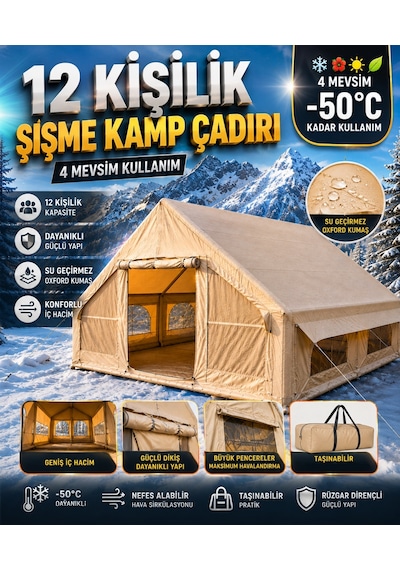 12 Kişilik Şişme Kamp Çadırı 4 Mevsim Deniz Çadır Oxford Kumaşlı Bej