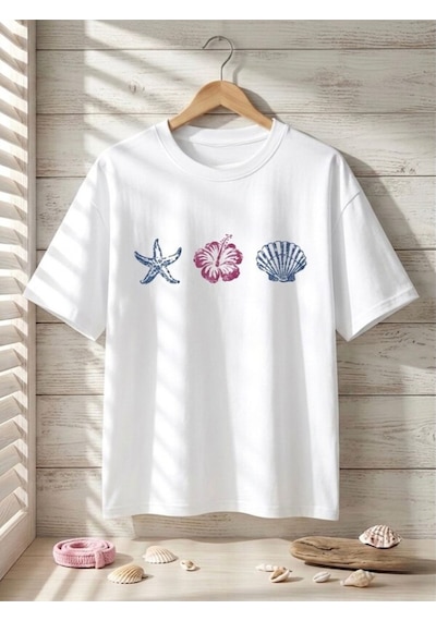 Beyaz Tropikal Marine Baskılı Oversize Kompak T-shirt Beyaz