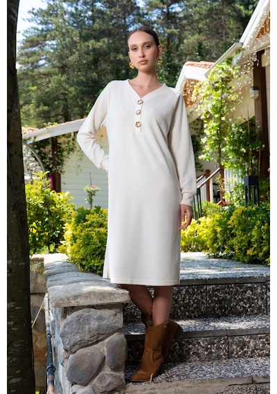 Yake Store Kadın Lyc Polyvıscon Selanık Patlı V Yaka Reglan Uzun Kol Mansetlı Elbıse - Ecru Ekru Yake Store Kadın Lyc Polyvıscon Selanık Patlı V Yaka Reglan Uzun Kol Mansetlı Elbıse - Ecru Ekru