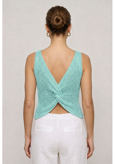 Neden Tekstil Twist Knot Detaylı Premium Kadın Triko Bluz V Yaka Örgü Dokulu Şık Crop Tasarım - Turkuaz