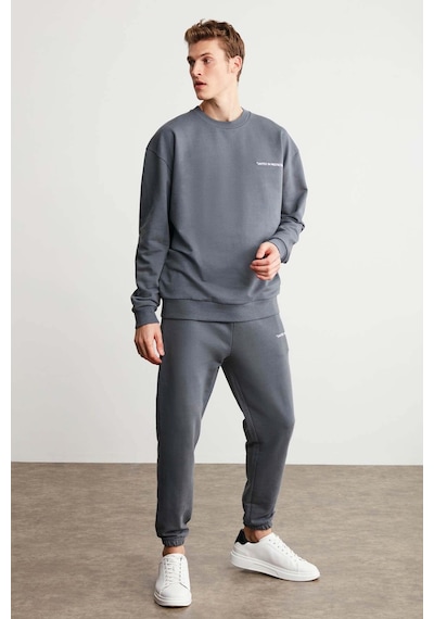 Grimelange Raırok Erkek Içi Polarlı Comfort Oversize Nakışlı Koyu Gri Sweatshirt