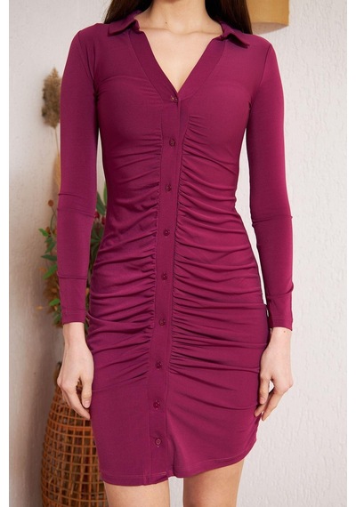 Darlin Moda Mürdüm Önü Düğmeli Ve Büzgü Detaylı Uzun Kollu Elbise DM1022