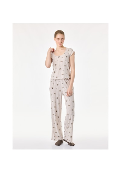 Koton Kurdele Detaylı Baskılı Rahat Kalıp Kısa Kollu Örme Pijama Takımı Bej 7wlk40211mk Ekru