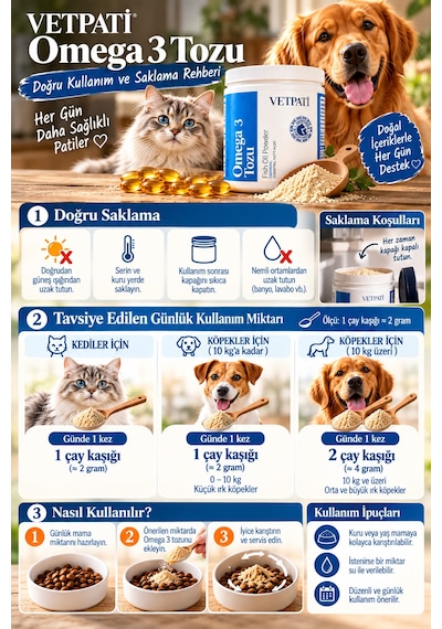 Vetpati Omega 3 Tozu Kedi Ve Köpekler İçin Balık Yağı Epa Dha Deri Tüy Eklem Ve Bağışıklık Desteği