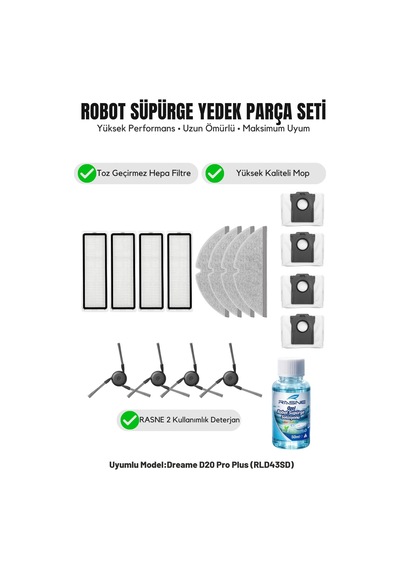 Dreame D20 Pro Plus Rld43sd İle Uyumlu 4 Yan Fırça 4 Filtre 4 Mop 1 Deterjan 4 Toz Torbası 6.0