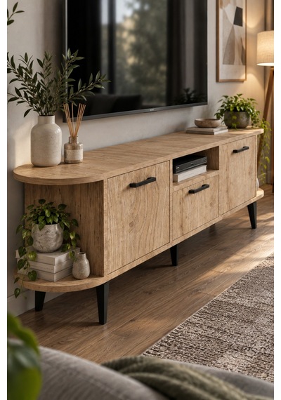 Sulorahome Bej Renkli Suntalam Tv Sehpası 160 Cm 3 Kapaklı Ve Raflı Yeşil