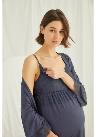 Monamise 18432453 Kadın Lacivert Hamile Lohusa Seti Sabahlık Gecelik Pijama Takım