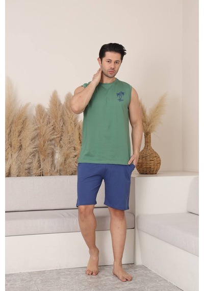 Seboteks %100 Pamuklu Kolsuz Cepli Erkek Şortlu Pijama Takımı 2011 Yeşil