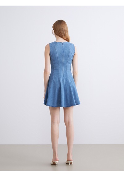 Lcw Comfort İndigo Bisiklet Yaka Peplum Mini Jean Elbise
