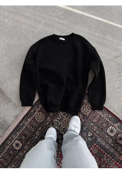 Primemagazam Kadın Bisiklet Yaka 3 İplik Pamuklu Basic Sweatshirt - Siyah Çeşitli