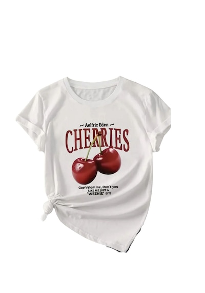 Elora Cherrıes Baskılı Beyaz Oversize Tişört Modern Ve Sofistike Tarz Günlük Rahat Kadın T-shirt Beyaz