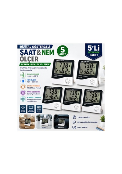 Htc-1 Dijital Sıcaklık & Nem Ölçer Saat / Takvim / Alarm 5 Adet Set