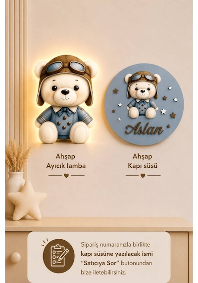 Ahşap İsme Özel Pilli Ledli Gece Lambası Ve Ahşap Kapı Süsü Seti Bebek Çocuk Odası Mavi