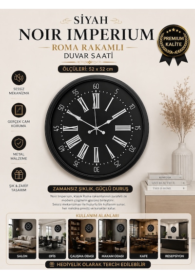 Siyah Noir Imperium 52 Cm Metal Duvar Saati