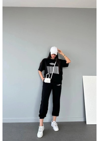 Couture Club T-shirt Eşofman Altı Jogger- Siyah Baskılı Alt Üst Eşofman Takım Oversize Bisiklet Yak Siyah