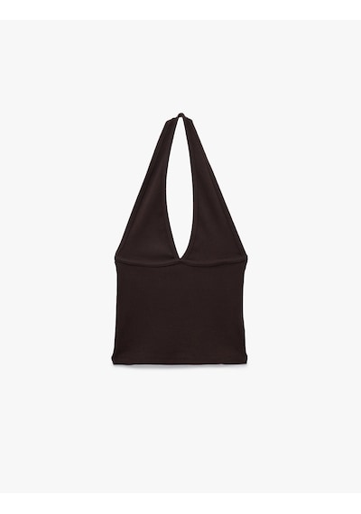 Koton Pamuklu Dikiş Detaylı Kolsuz Slim Fit Crop Halter Yaka Bluz Kahverengi 6sal30272ık Kahve