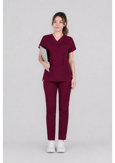 Üniforma Bordo Hemşire Ve Doktor Forması Scrubs Takımı Likralı Alt Üst Üniforma Unisex Yarasa Kol