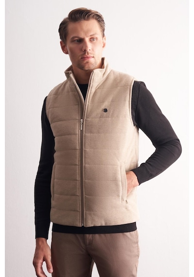 İmza Bej Dik Yaka Fermuarlı Casual Slim Fit Kapitone Yelek 1009255103 Koyu Bej