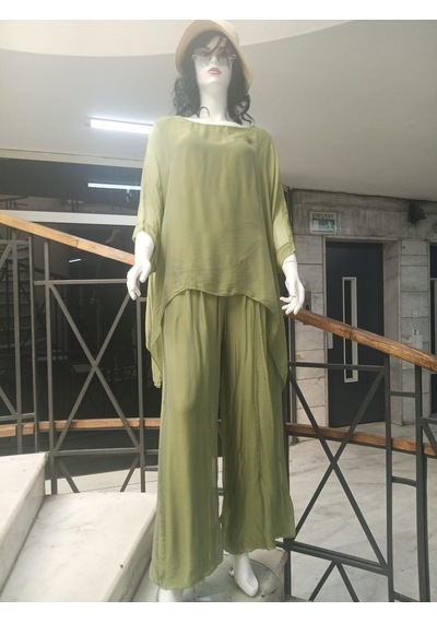 Bohem Stil İtalyan Yarasa Kol İpek Bluz & Pantolon Takım-8767 Yağ Yeşili