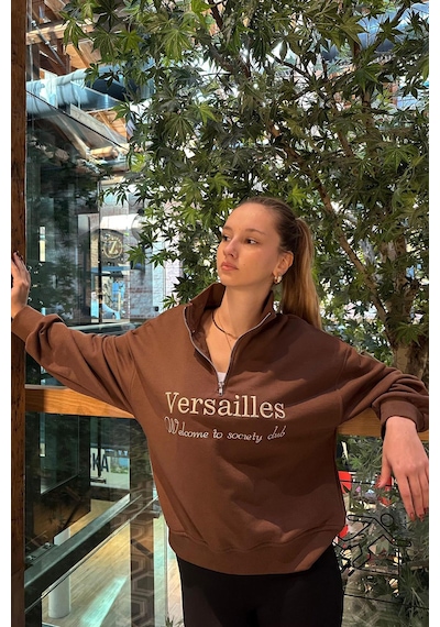 Madmext Kahverengi Yarım Fermuarlı Baskılı Sweatshirt Mg2240 Kahverengi