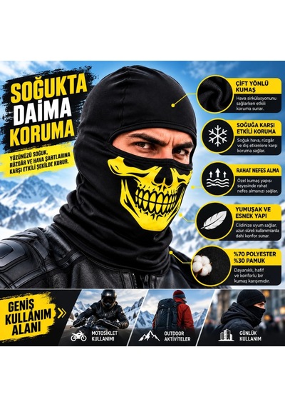 Genel Unisex Sarı Kurukafa Desenli Balaklava Kar Maskesi Siyah Tam Yüz Boyunluk Motos Siyah / Standart