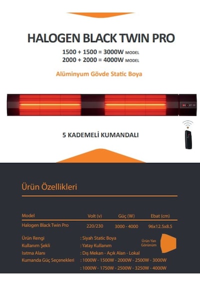 Ardonat Halogen Black Twin Pro Çifli 4000 W Kumandalı Cafe ve Teras Dış Mekan Isıtıcı
