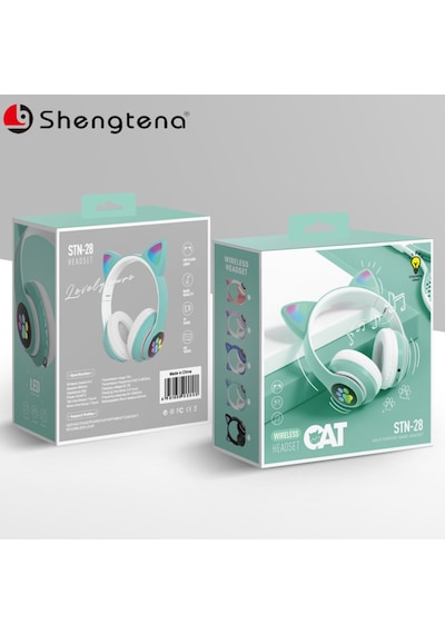 Stn28 Yeni Kedi Kulaklı Bluetooth Kulaklık Başa Takılan Sevimli Trend Kablosuz Spor Kulaklığı Uzun Pil Ömrü Stn28 Yeşil
