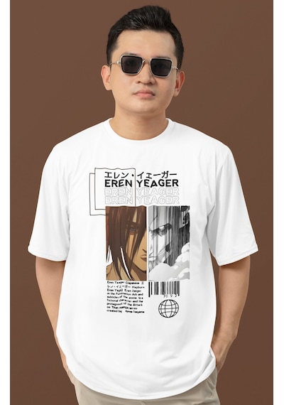 Tasarım Eren Yeager Attack On Titan Baskılı Unisex Oversize Anime Beyaz