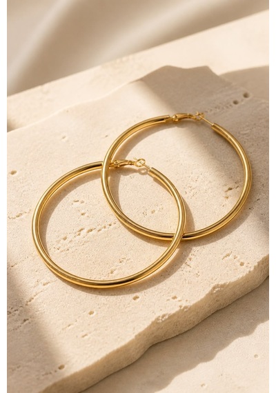 Gold Renk 56 Mm Düz Çelik Klasik Halka Küpe - Minimalist Klipsli Halka Küpe