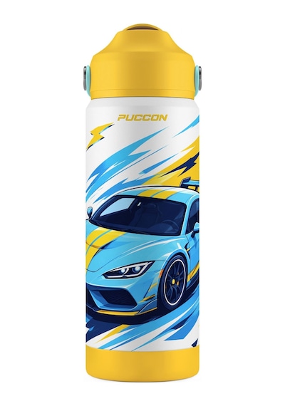 Puccon 540 Ml Yarış Arabası Baskılı Mavi - Sarı Erkek Çocuk Pipetli Çelik Termos Matara/suluk - 60050