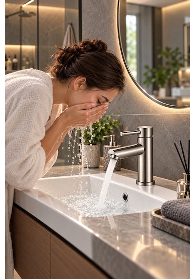 Alfas Lavabo Bataryası İnox Fırçalı Nikel 304 Paslanmaz Çelik Aç Kapa Banyo Bataryası 17x9cm Inox