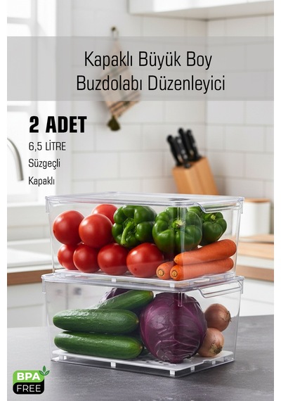 Frostybox Kapaklı Süzgeçli Büyük Boy 2'li Buzdolabı Düzenleyici Ve Dolap İçi Organizer Set Diğer