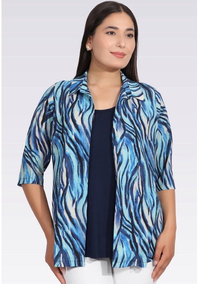 Tolga Saraçoğlu Kadın Bluz - Minimalist Zebra Desenli 3/4 Kol Oversize Lacivert