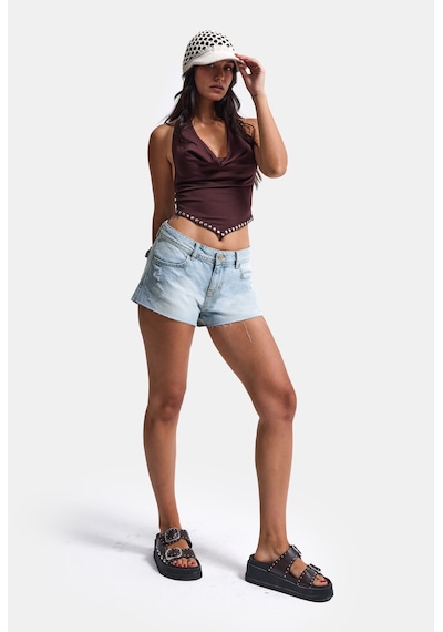 Itsbasic Kadın Ice 12s6-3 Mini Mom Arkadan Cepli %100 Koton Denim Şort Ice Rengi