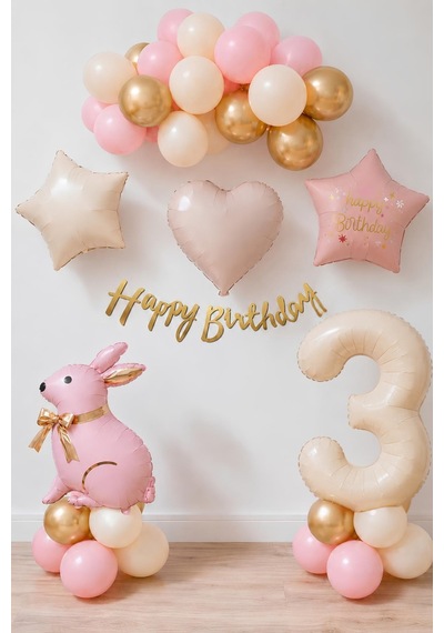 Pembe Tavşanlı 3 Yaş Doğum Günü Balon Seti