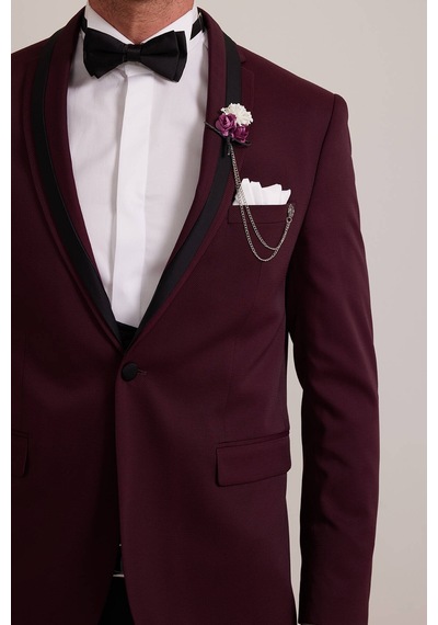Ysf Erkek Bordo Çıkma Şal Yaka Slim Fit Damatlık