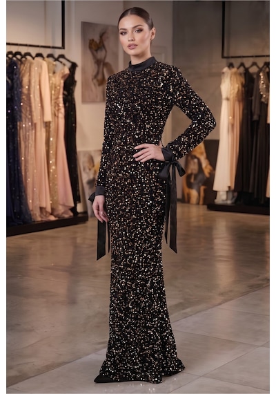Dorne Moda Payetli Kemer Detaylı Uzun Kollu Balık Model Abiye Elbise Gümüş Gümüş