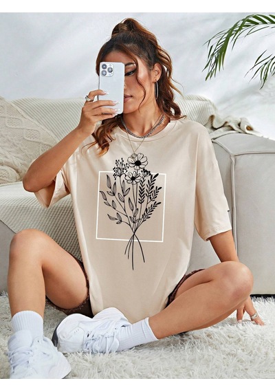 Çiçekli Desenler T-shirt - Bej Baskılı Oversize Bisiklet Yaka Kısa Kol Tişört Bej