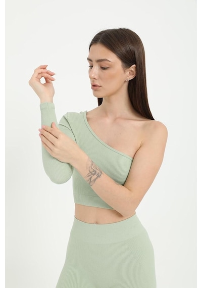 Tek Omuz Crop Top Su Yeşili -m Altın - Beyaz