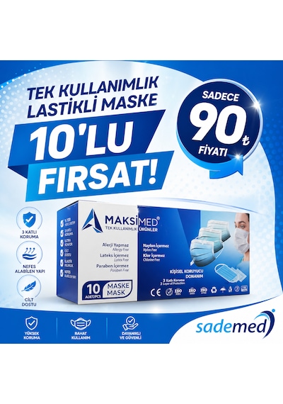 3 Katmanlı Tek Kullanımlık Lastikli Maske 10 Paket