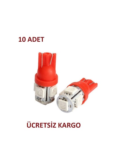 10 Adet Kırmızı Dipsiz T10 Led Araç Park-İç Lambası Ampülü Canbus