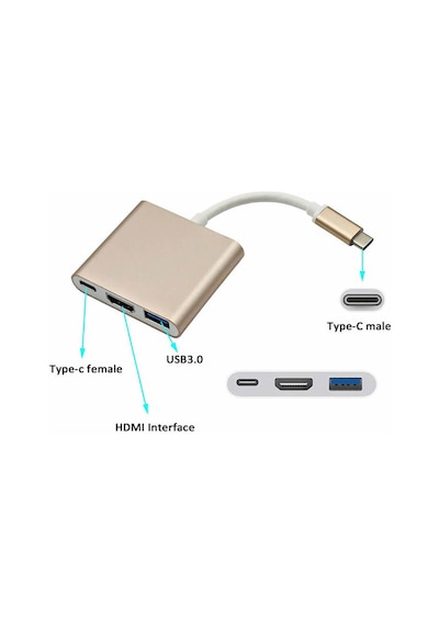 Wozlo Apple Uyumlu iPad Pro 12.9 inç A1876 A1895 Type-C To Hdmi + USB 3.0 Çevirici Dönüştürücü Kablo Gold