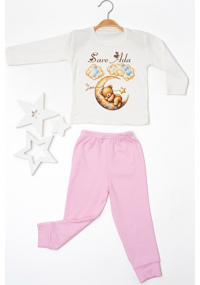 Pia Baby İsme Özel Kız Çocuk Pijama Takımı %100 Pamuk Penye İsim Baskılı Kişiye Özel Çocuk Pijaması 10991p14pi Krem