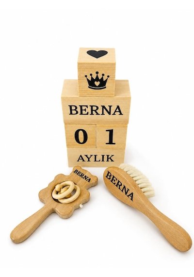 Kişiye Özel İsimli - Bebek Çıngırak - Bebek Saç Fırçası Keçi Kılı Yumuşacık - Bebek Anı Küpü Tekstil Boyalı-%100 Doğal Organik Ahşap Set - Hediyelik - Yeni Doğan Hediyesi