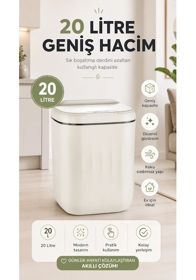 Sensörlü Çöp Kovası 20 Litre Beyaz