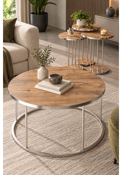 Sulorahome Ceviz Desenli Gümüş Metal Ayaklı 4'lü Sehpa Seti