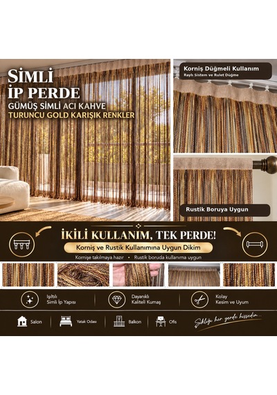 İp Perde Özel Seri İnce Zincir Gümüş Simli Acı Kahve-turuncu-gold Karışık Renkler 100 300 & K+r Acı Kahverengi