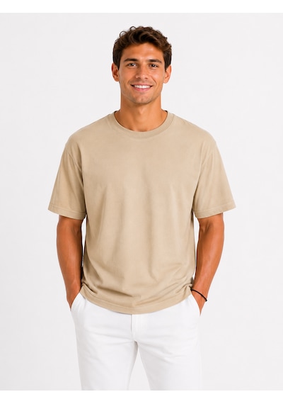 Vasto Moda Erkek Tam Oversize Kalıp Kalın Dokulu Organik Pamuk Bisiklet Ribana Yakalı Bej T-shirt